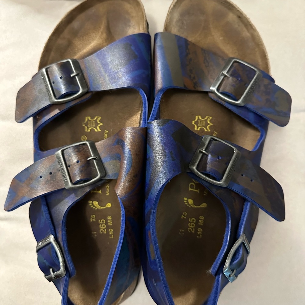 Birkenstock Blue and Brown Camouflage Double-Buckle Sandals